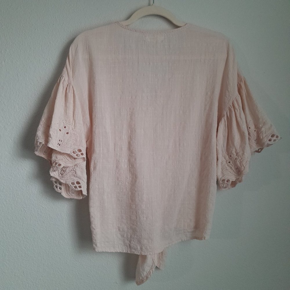 Max Studio Romantic Ethereal V-Neck Gauzy Tie Front Eyelet Top Blush Pink Size S - Picture 11 of 12